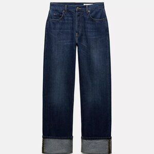 Zara Women's Dark Wash Jeans Relaxed Fold Up Mid Waist Size 25